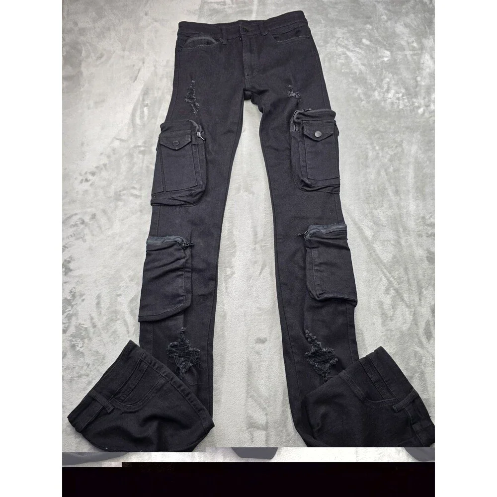 Rockstar Original RSM 225 Simon Men Black Super Stacked Flare Cargo Jeans Sz 30